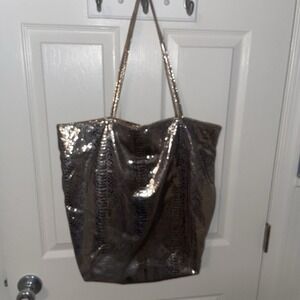Carlos Falchi Classic Small Shopping Tote Gold Bag Purse Snake Skin Animal Print